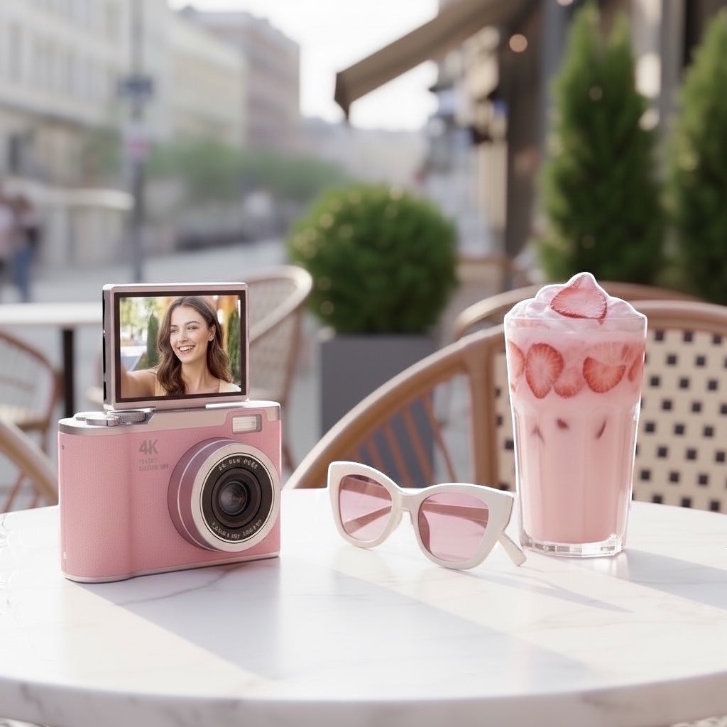 Pixie 4K digital camera in pink with a flip screen, perfect for selfies and travel.